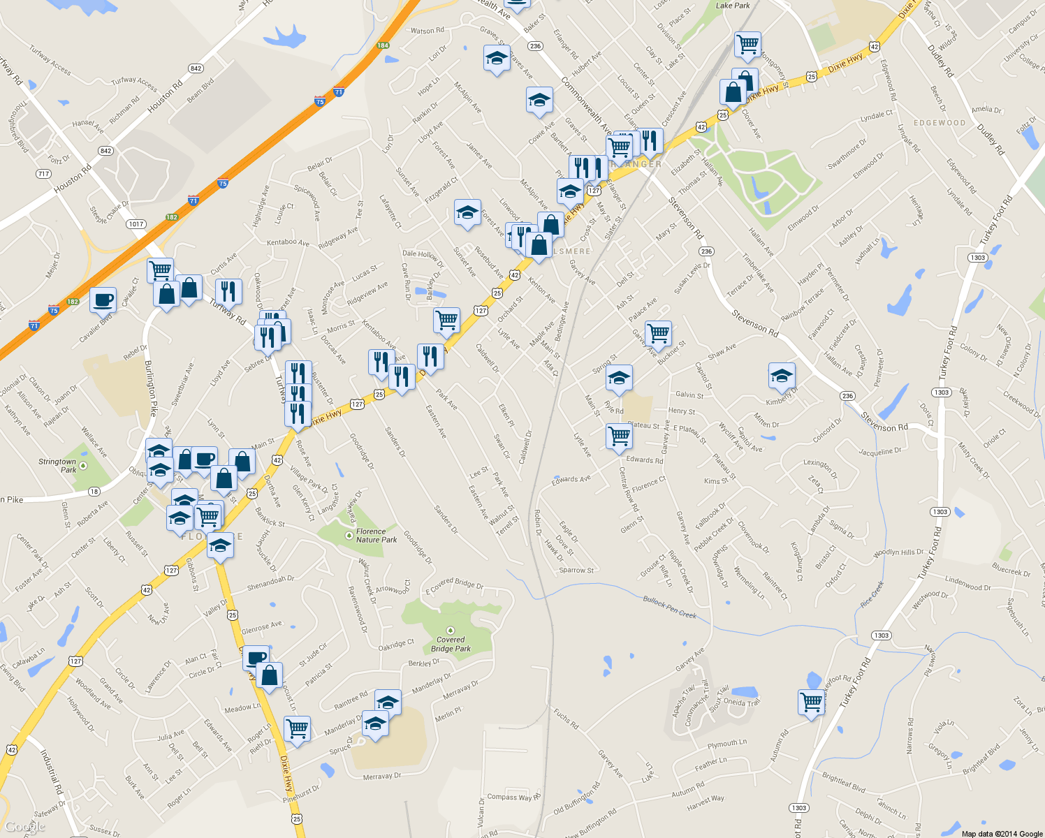 map of restaurants, bars, coffee shops, grocery stores, and more near 423 Caldwell Dr in Elsmere