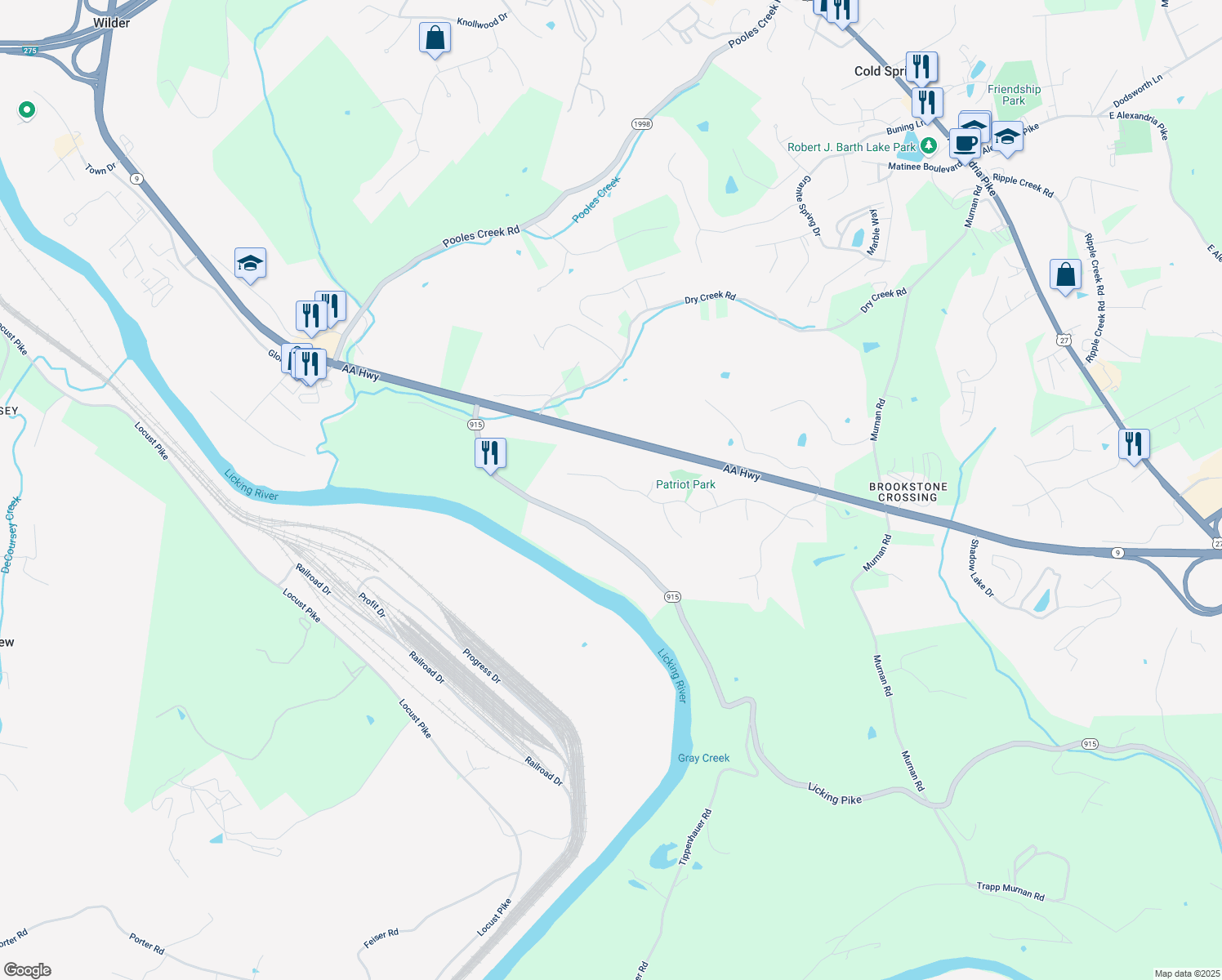 map of restaurants, bars, coffee shops, grocery stores, and more near 257 Ridgepointe Dr in Cold Spring