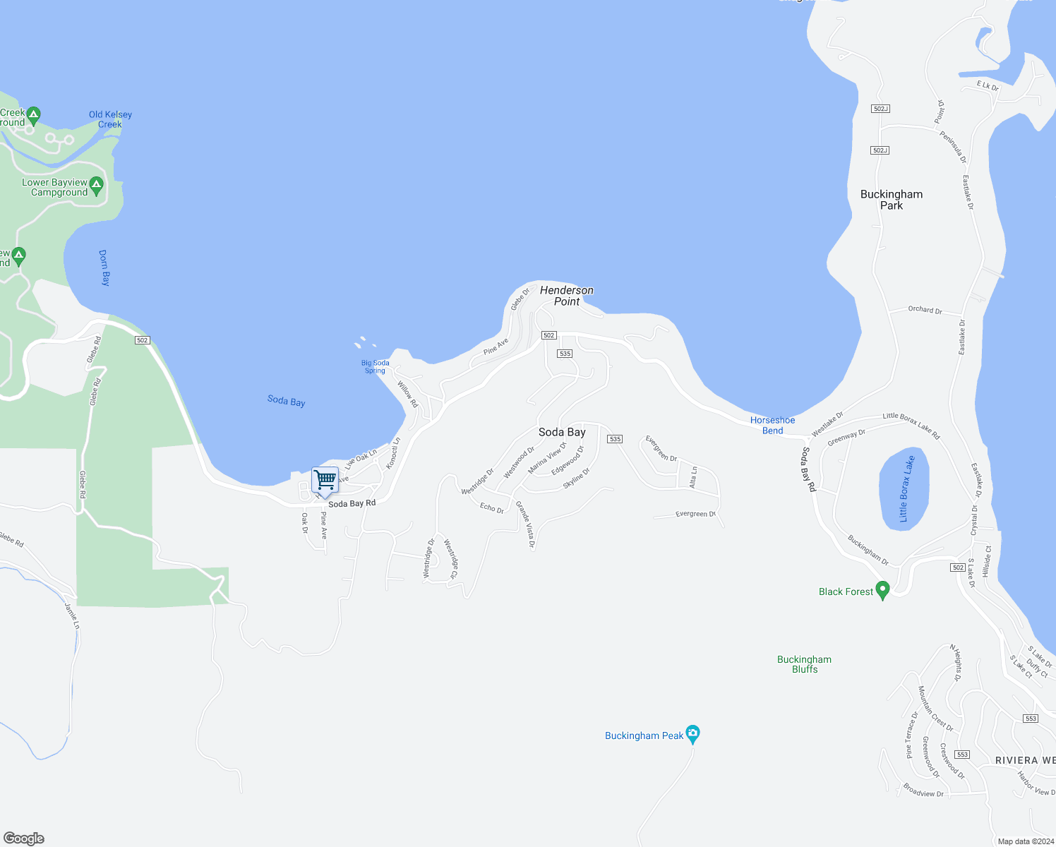 map of restaurants, bars, coffee shops, grocery stores, and more near 3031 Westridge Drive in Kelseyville