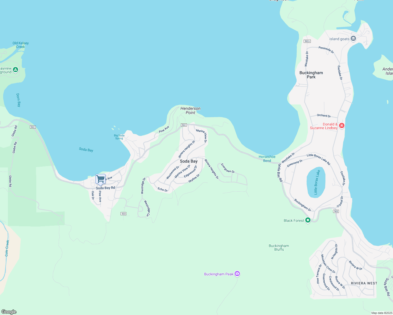 map of restaurants, bars, coffee shops, grocery stores, and more near Riviera Heights Dr & Edgewood Dr in Kelseyville