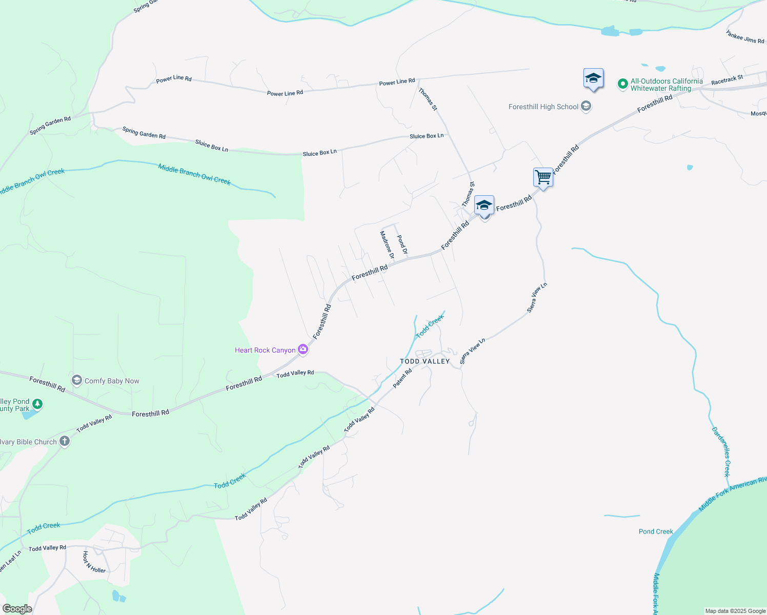 map of restaurants, bars, coffee shops, grocery stores, and more near 6121 Emerson Lane in Foresthill