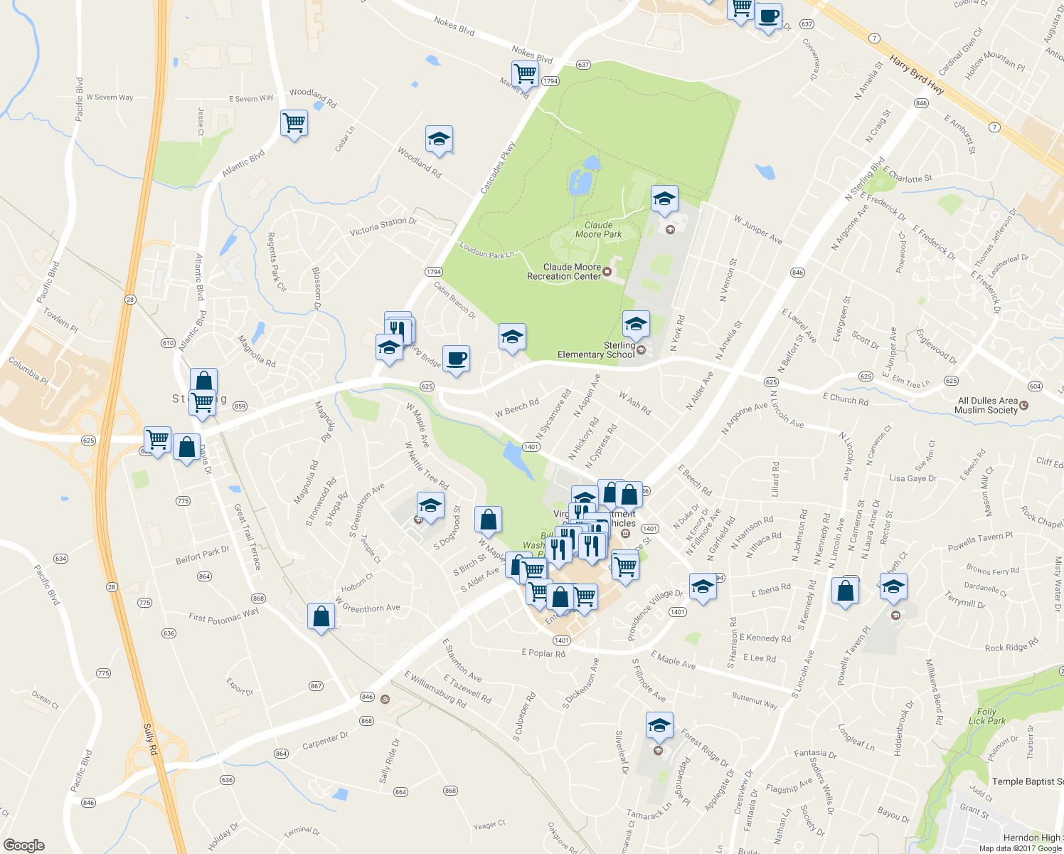 map of restaurants, bars, coffee shops, grocery stores, and more near 104 Sequoia Court in Sterling