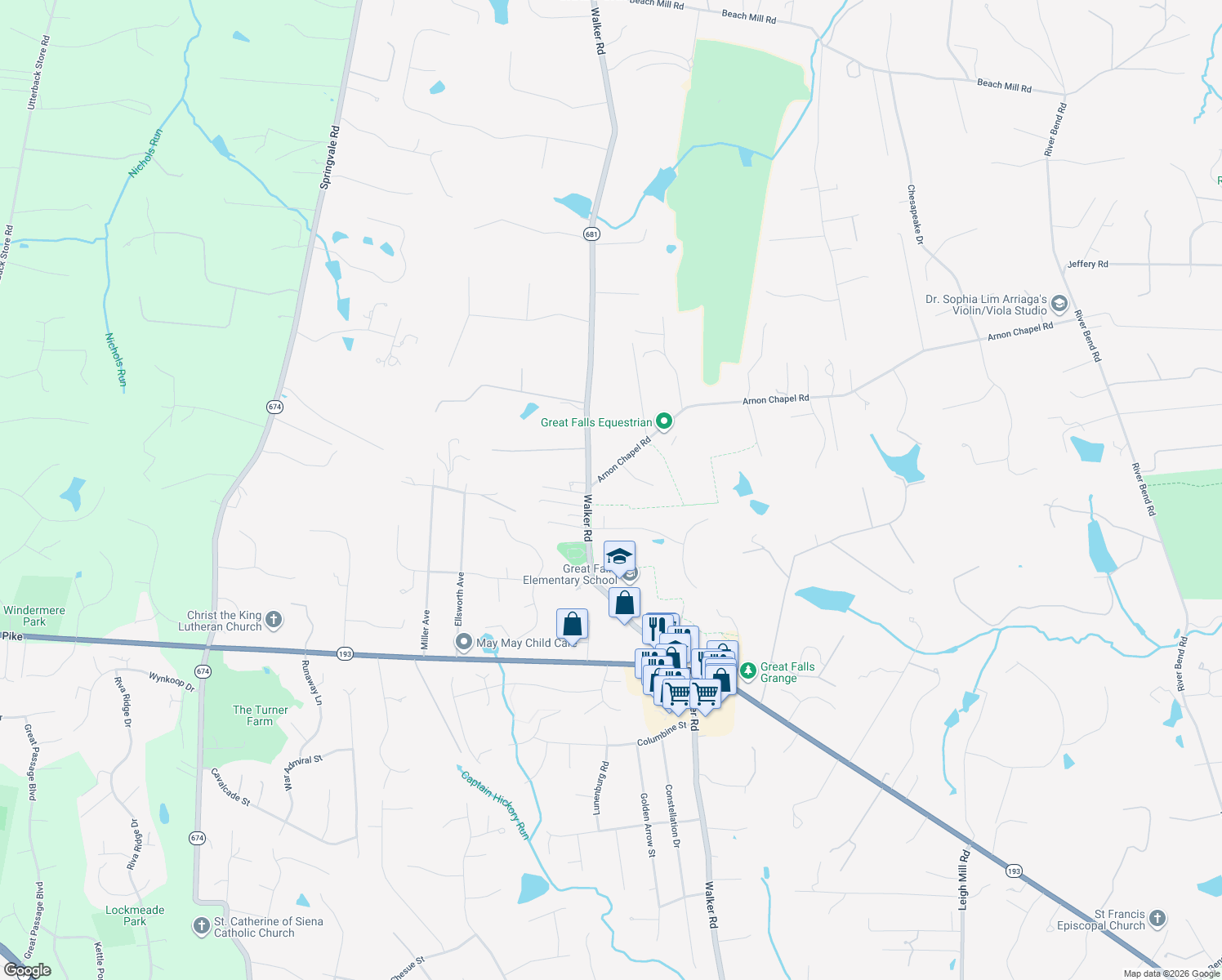 map of restaurants, bars, coffee shops, grocery stores, and more near 10019 Arnon Chapel Road in Great Falls