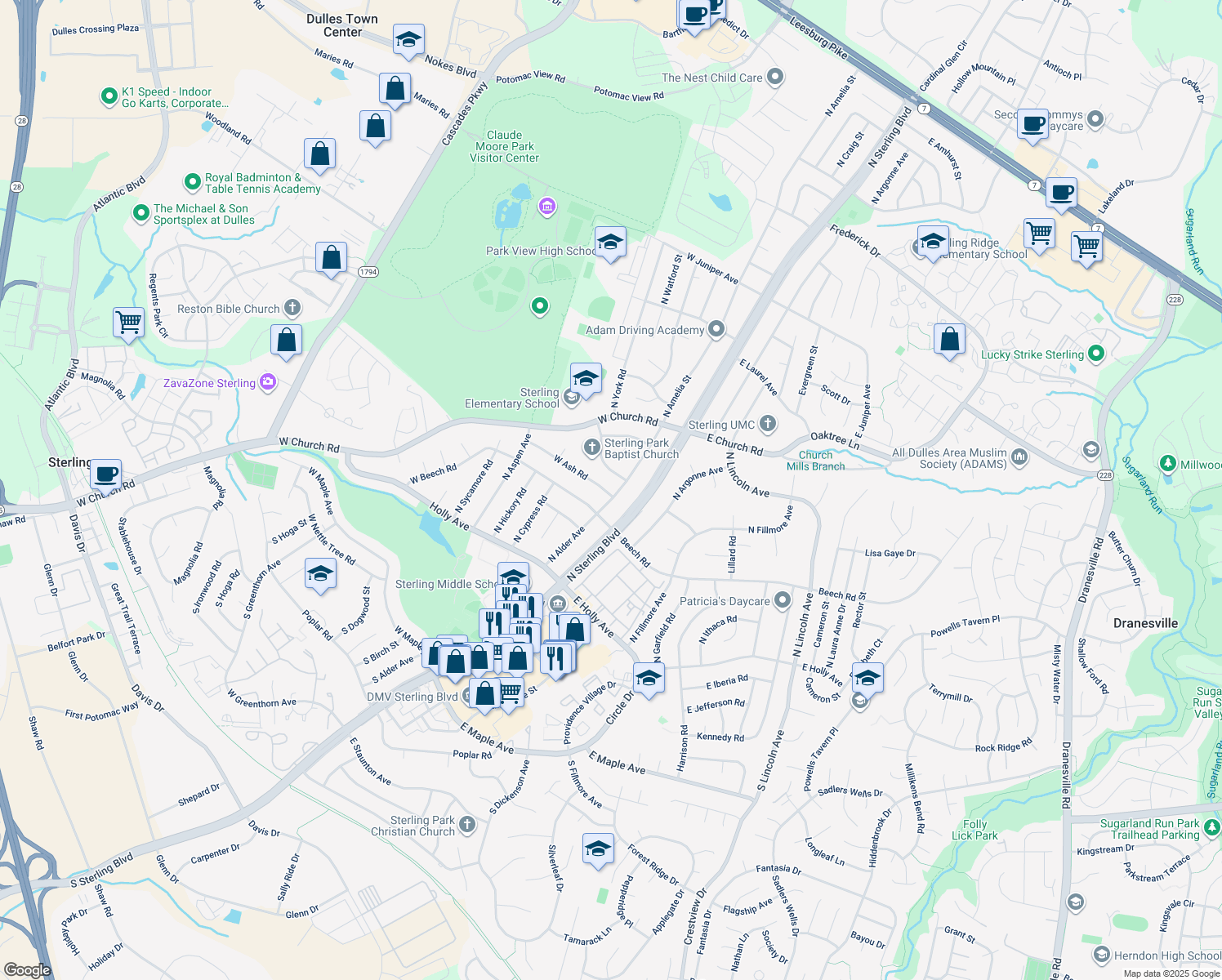 map of restaurants, bars, coffee shops, grocery stores, and more near 401 North Alder Avenue in Sterling