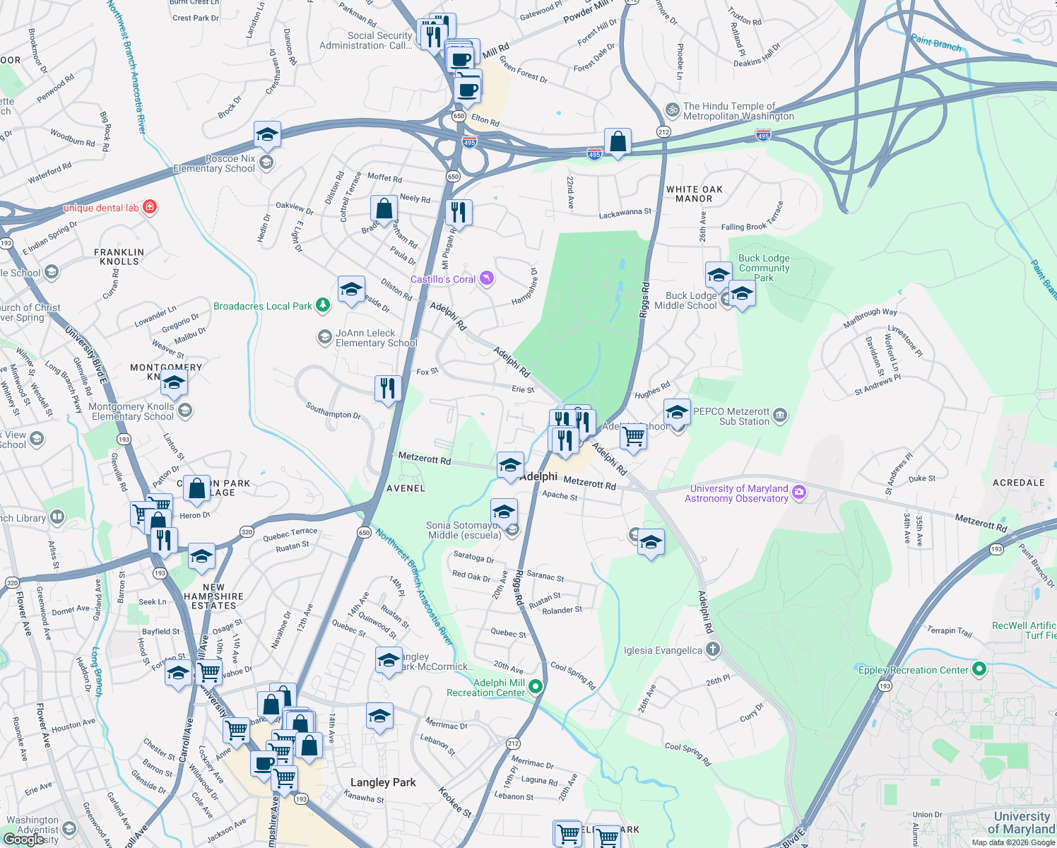 map of restaurants, bars, coffee shops, grocery stores, and more near 9228 Edwards Way in Hyattsville