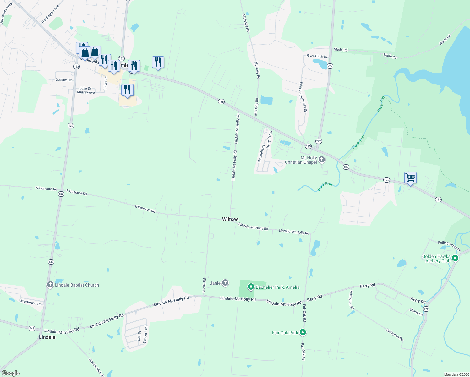 map of restaurants, bars, coffee shops, grocery stores, and more near 3208 Lindale-Mt Holly Rd in Amelia
