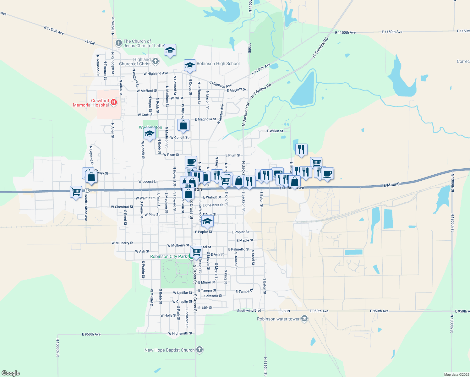 map of restaurants, bars, coffee shops, grocery stores, and more near 600 East 1050th Avenue in Robinson