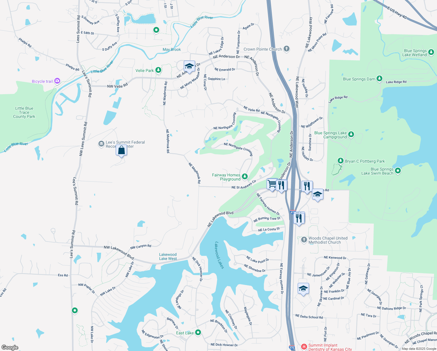 map of restaurants, bars, coffee shops, grocery stores, and more near 5294 Northeast Ash Grove Court in Lee's Summit
