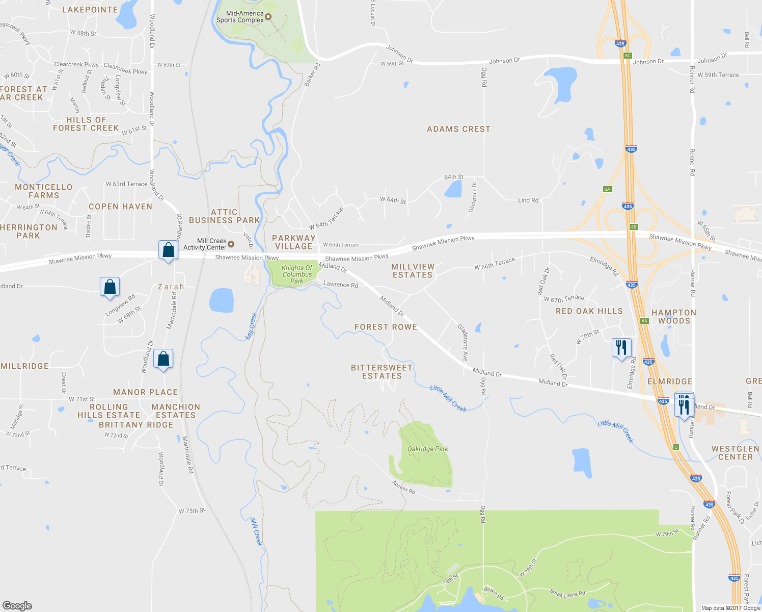 map of restaurants, bars, coffee shops, grocery stores, and more near 18711 Midland Drive in Shawnee