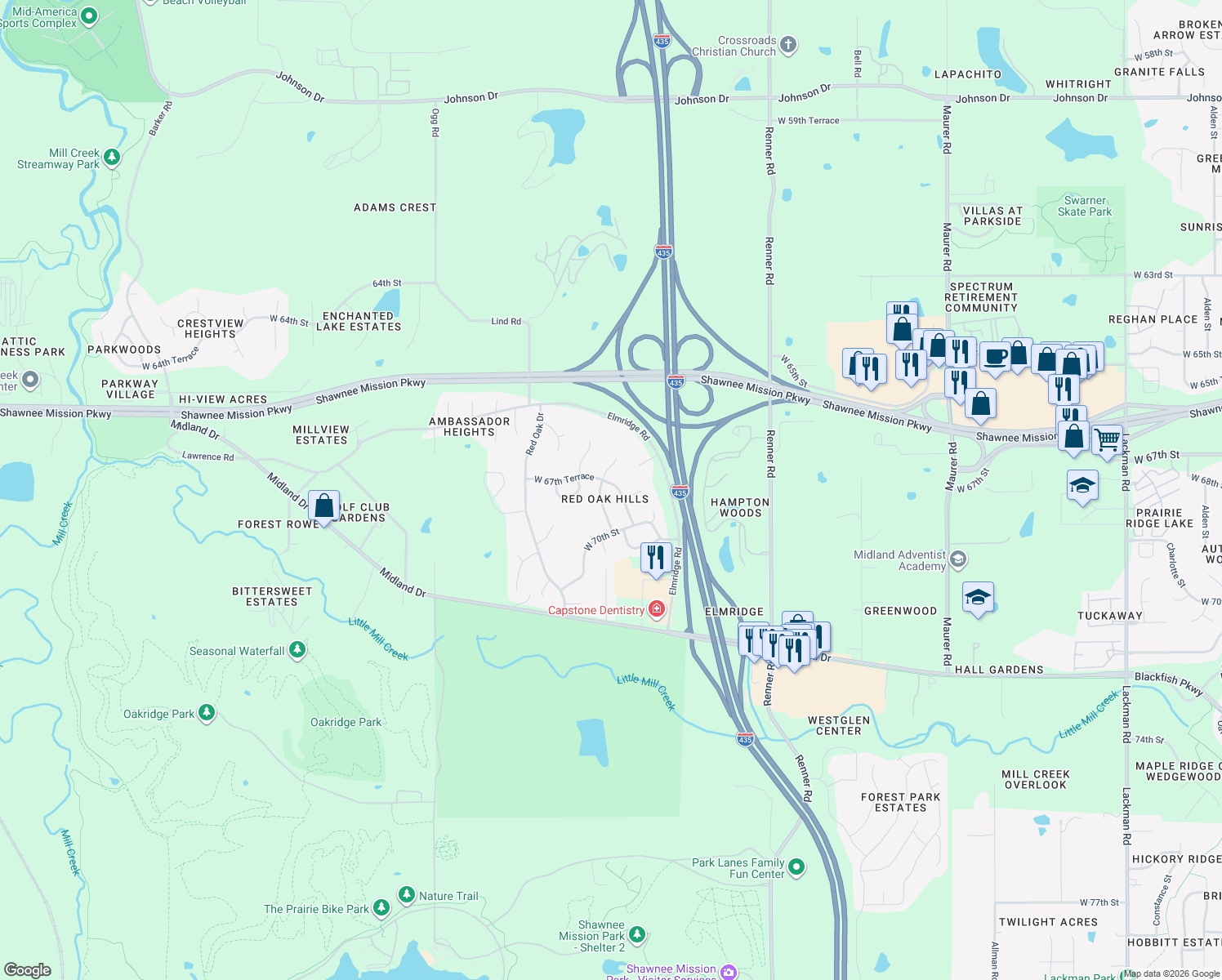 map of restaurants, bars, coffee shops, grocery stores, and more near 6732 Clairborne Street in Shawnee