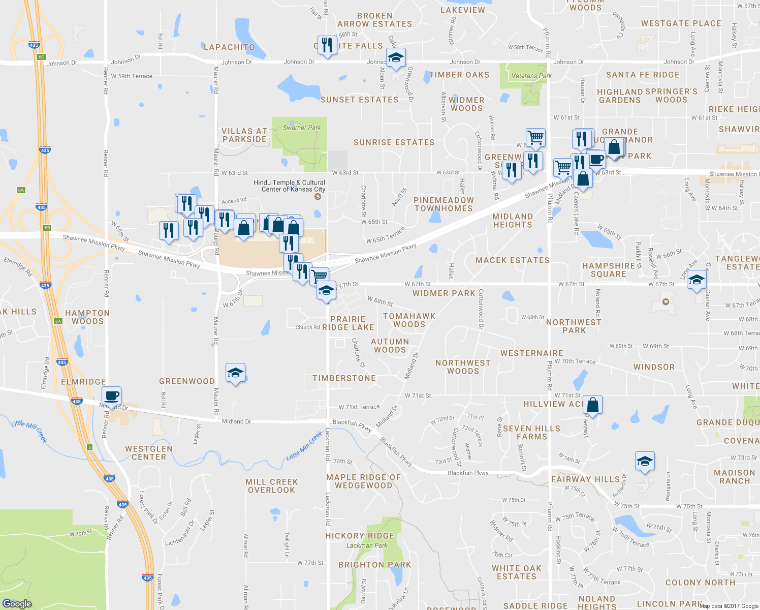 map of restaurants, bars, coffee shops, grocery stores, and more near 6801 Alden Street in Shawnee