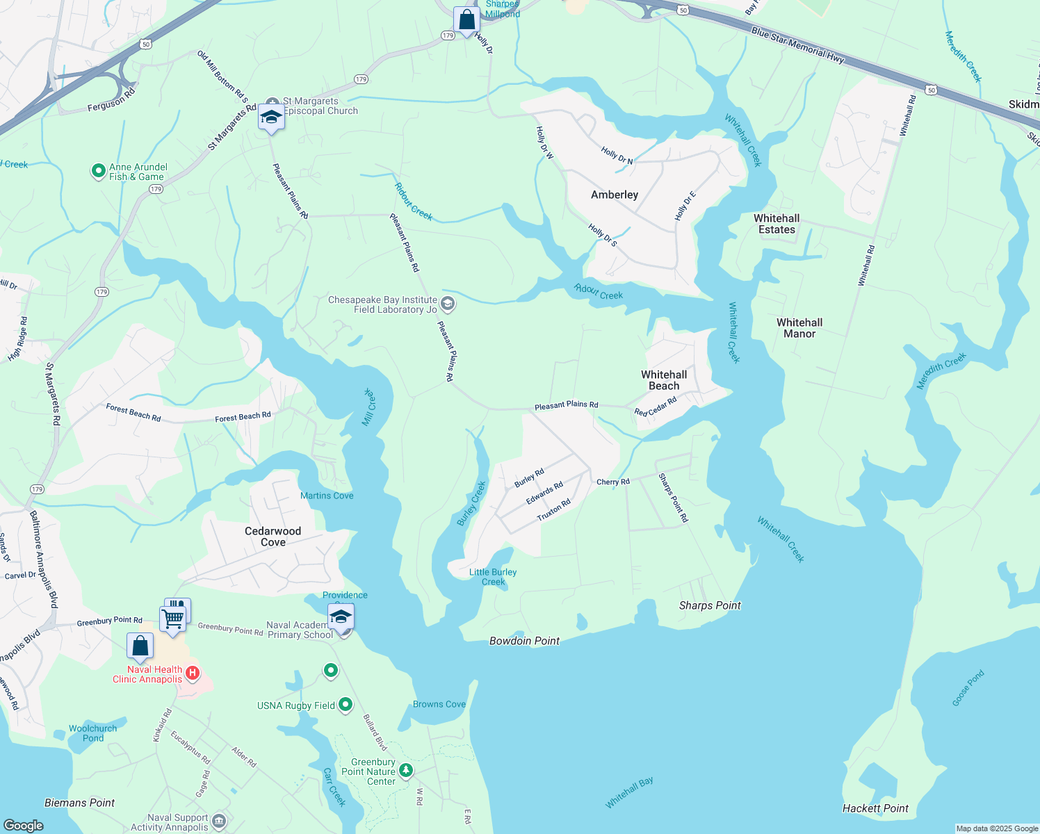 map of restaurants, bars, coffee shops, grocery stores, and more near 1814 Pleasant Plains Road in Annapolis