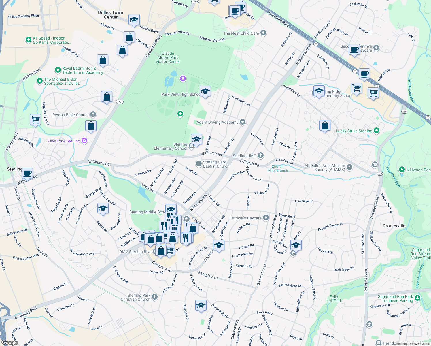 map of restaurants, bars, coffee shops, grocery stores, and more near 502 North Alder Avenue in Sterling