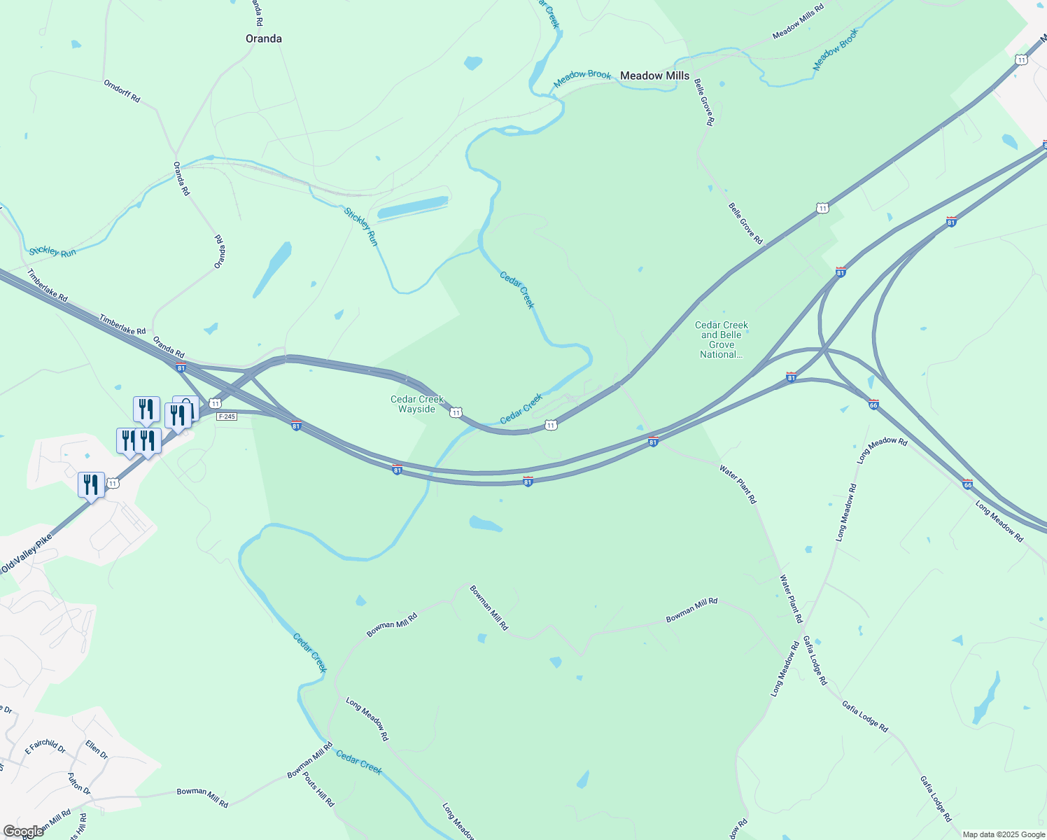 map of restaurants, bars, coffee shops, grocery stores, and more near 9396 Valley Pike in Middletown