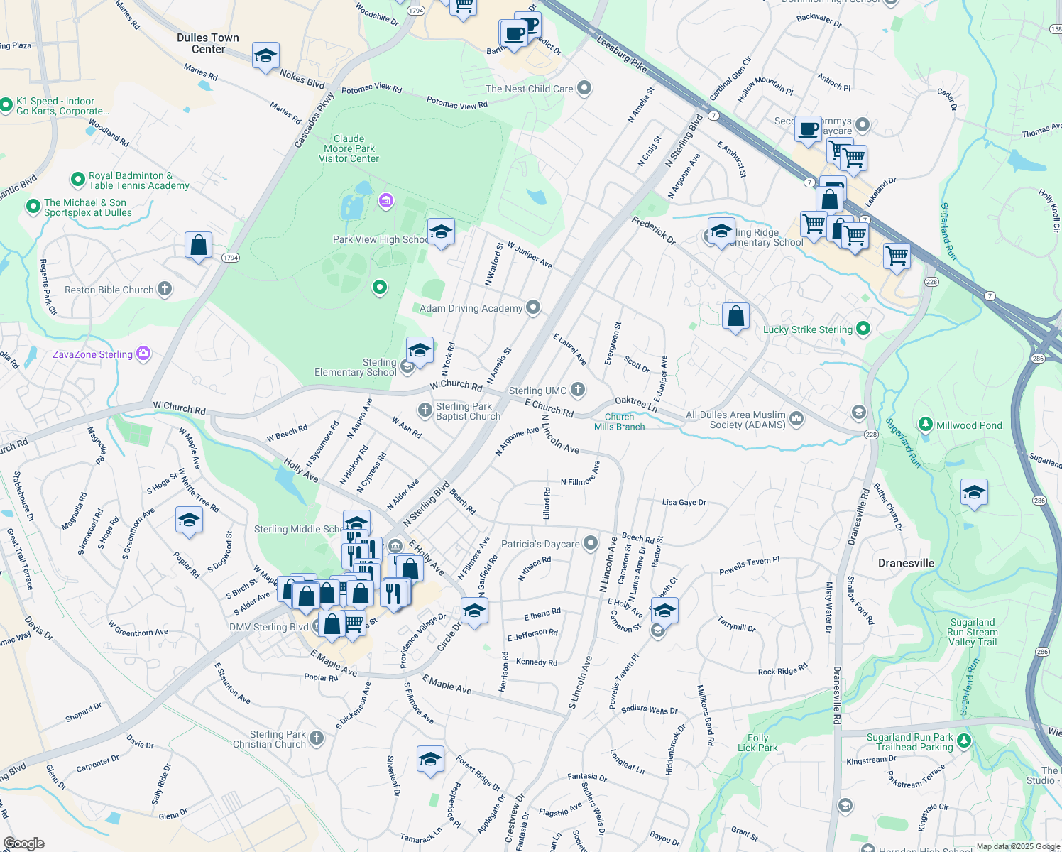 map of restaurants, bars, coffee shops, grocery stores, and more near 507 North Argonne Avenue in Sterling