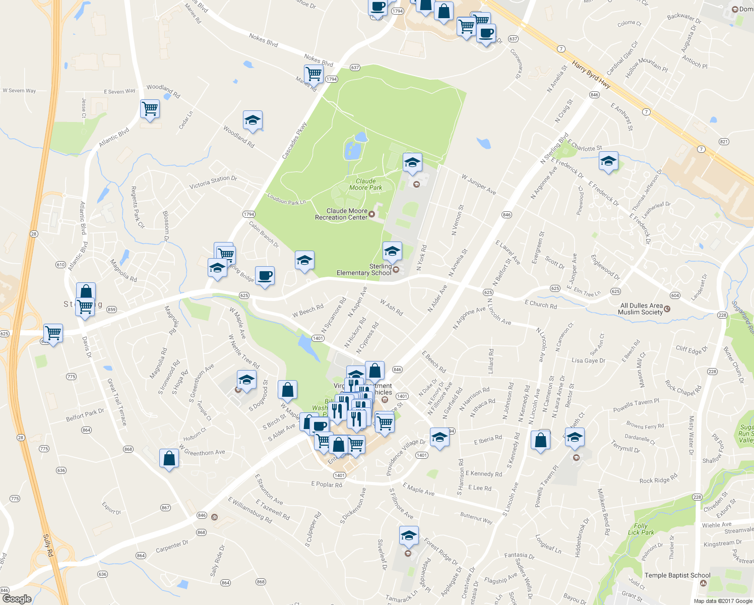 map of restaurants, bars, coffee shops, grocery stores, and more near 305 West Ash Road in Sterling