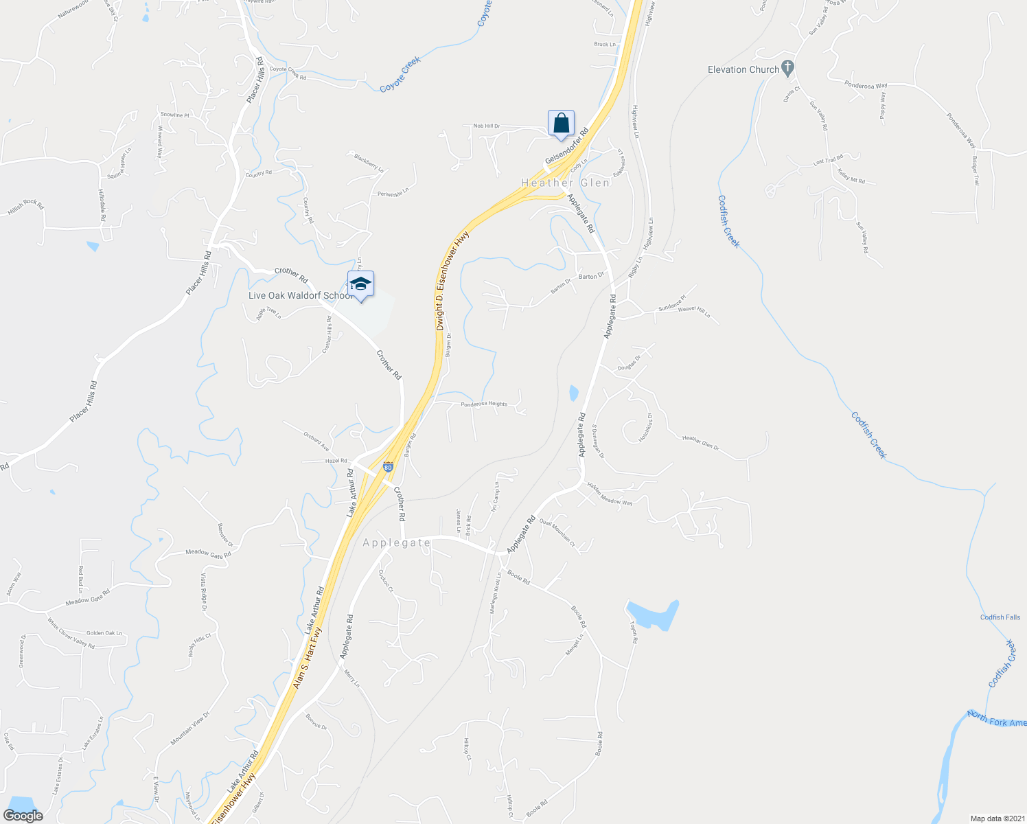 map of restaurants, bars, coffee shops, grocery stores, and more near 350 Ponderosa Heights in Applegate