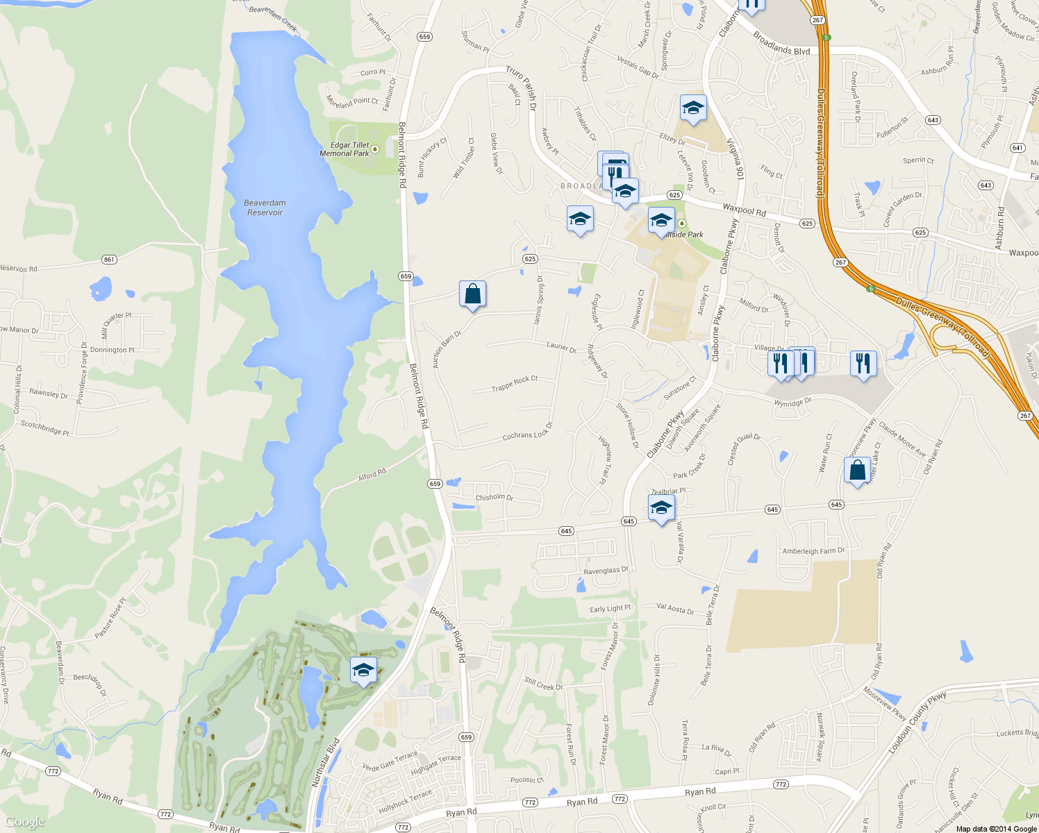 map of restaurants, bars, coffee shops, grocery stores, and more near 42701 Red Shale Court in Ashburn