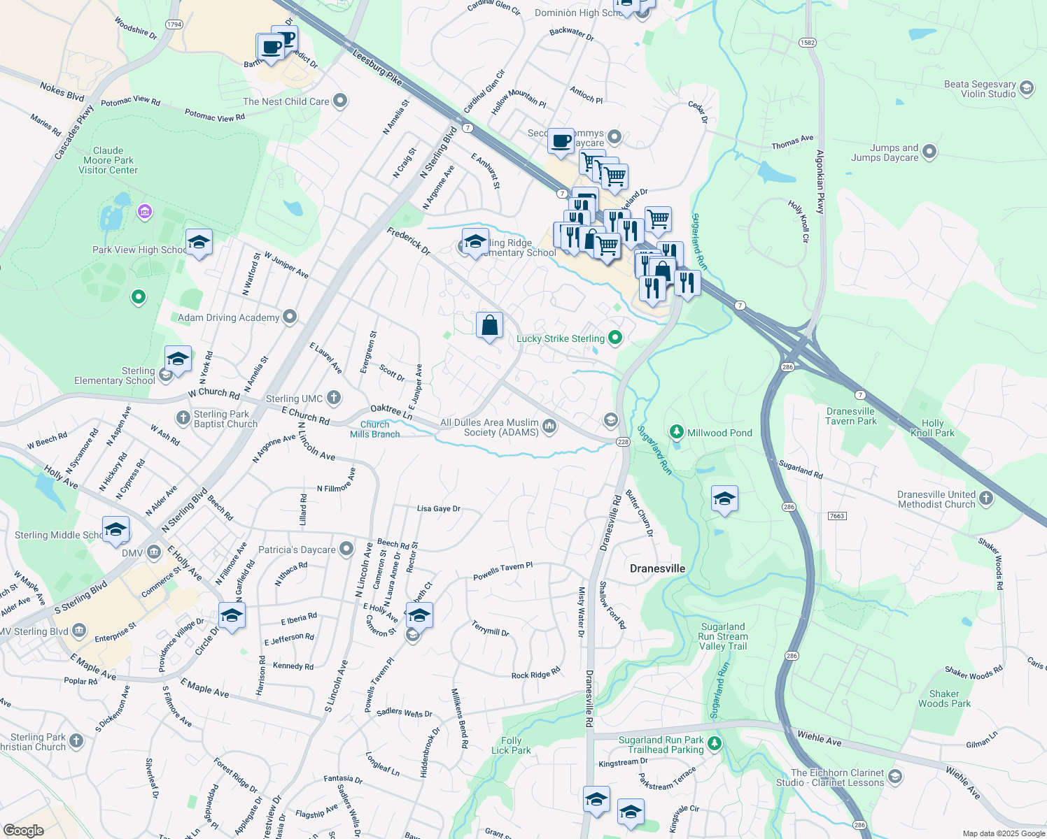 map of restaurants, bars, coffee shops, grocery stores, and more near 105 Norwood Place in Sterling