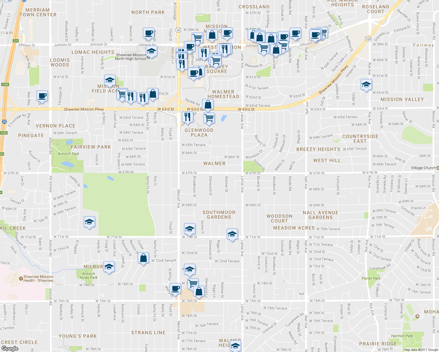 map of restaurants, bars, coffee shops, grocery stores, and more near 6521 West 67th Street in Mission