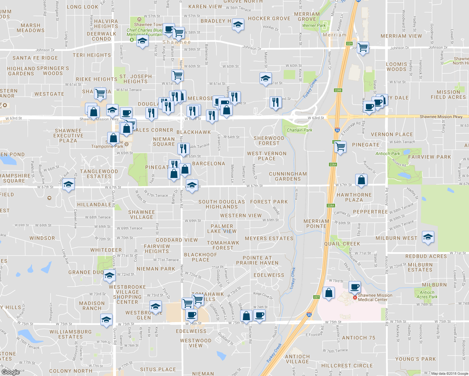 map of restaurants, bars, coffee shops, grocery stores, and more near 6700 Stearns Street in Shawnee
