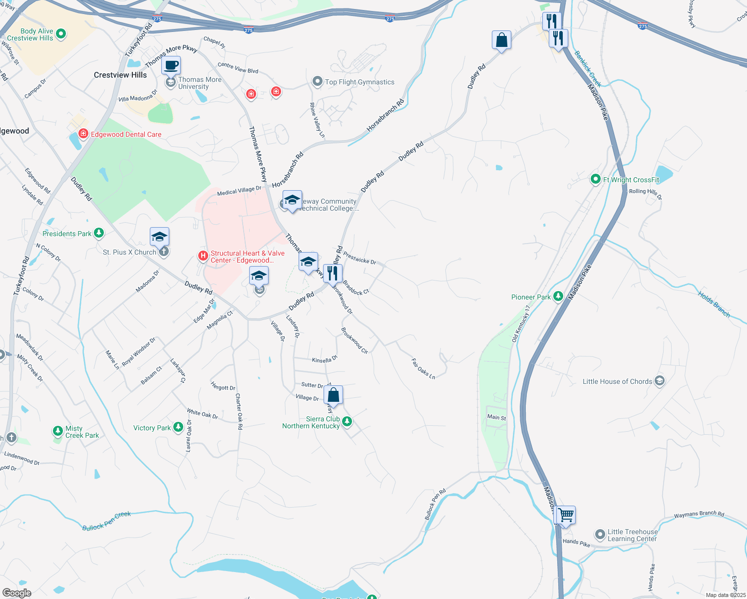 map of restaurants, bars, coffee shops, grocery stores, and more near 3060 Sentry Dr in Edgewood
