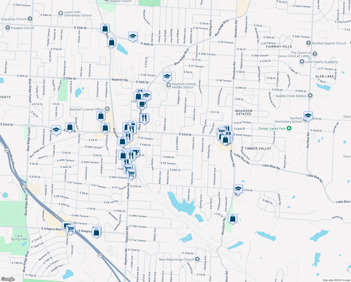 map of restaurants, bars, coffee shops, grocery stores, and more near 6312 Hedges Ave in Raytown