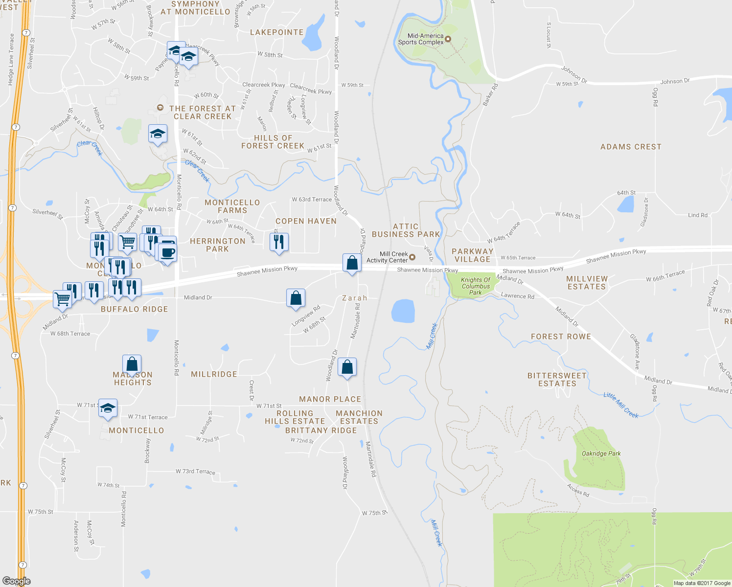 map of restaurants, bars, coffee shops, grocery stores, and more near 20416 West 67th Street in Shawnee