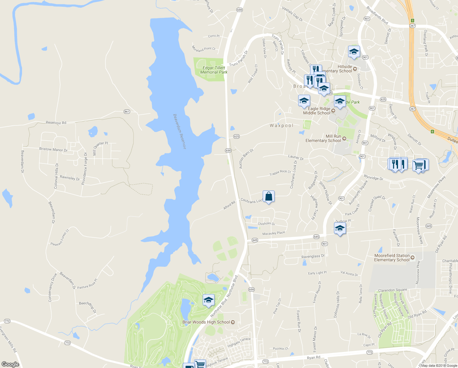 map of restaurants, bars, coffee shops, grocery stores, and more near 22014 Eastcreek Drive in Ashburn