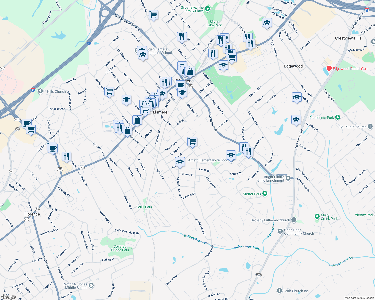 map of restaurants, bars, coffee shops, grocery stores, and more near 411 Fox St in Elsmere