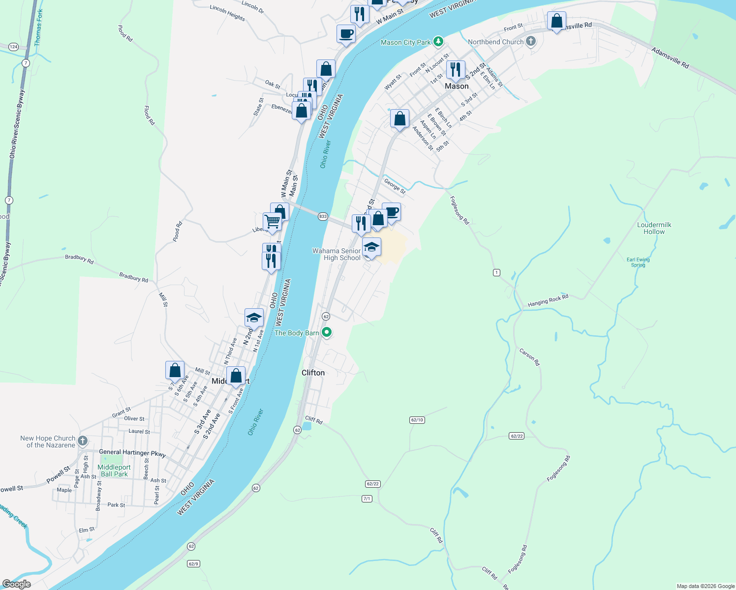 map of restaurants, bars, coffee shops, grocery stores, and more near 211 Lee St in Mason