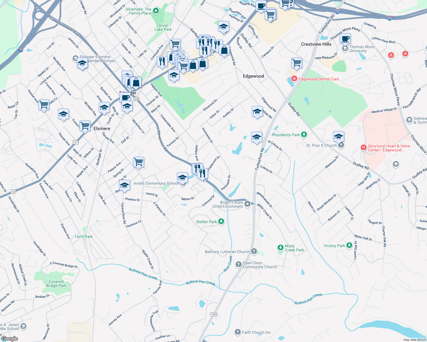map of restaurants, bars, coffee shops, grocery stores, and more near 3252 Teakwood Circle in Erlanger