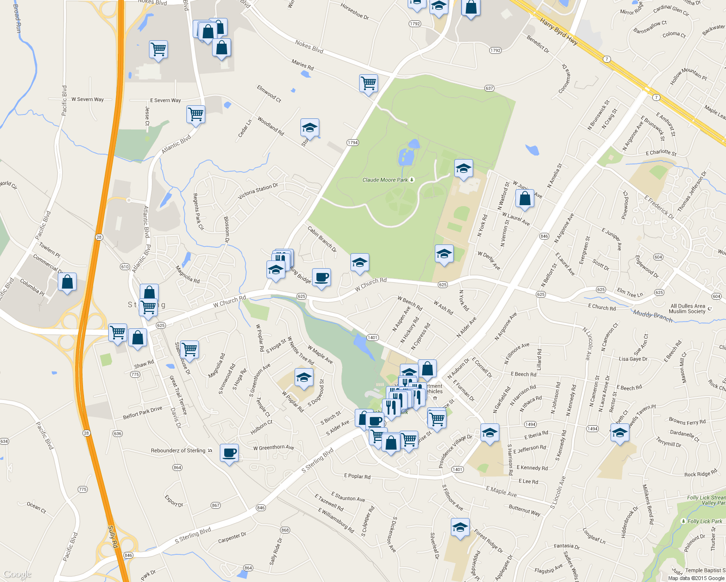 map of restaurants, bars, coffee shops, grocery stores, and more near 627 West Church Road in Sterling