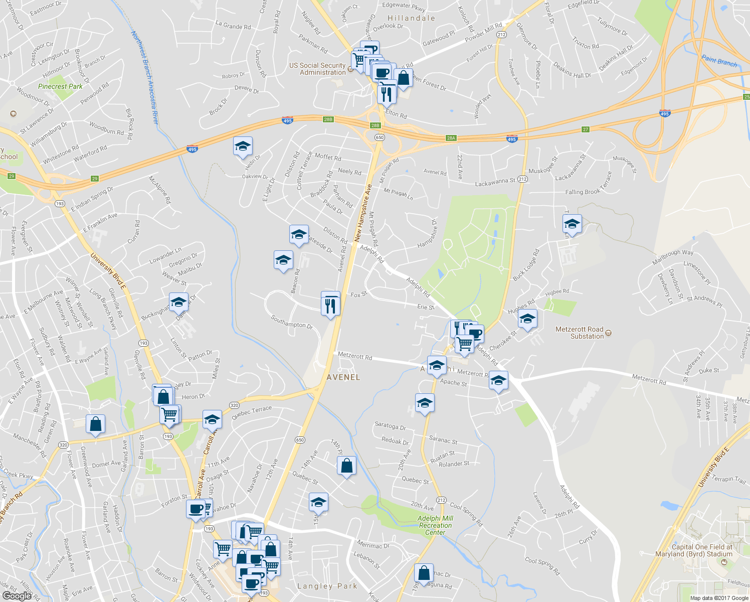 map of restaurants, bars, coffee shops, grocery stores, and more near 1805 Fox Street in Adelphi
