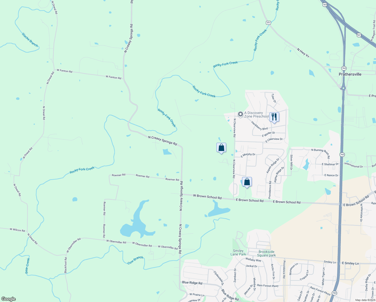 map of restaurants, bars, coffee shops, grocery stores, and more near 5100 North Creasy Springs Road in Columbia