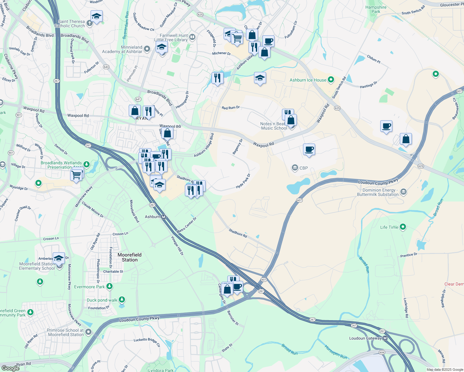 map of restaurants, bars, coffee shops, grocery stores, and more near 21963 Hyde Park Drive in Ashburn