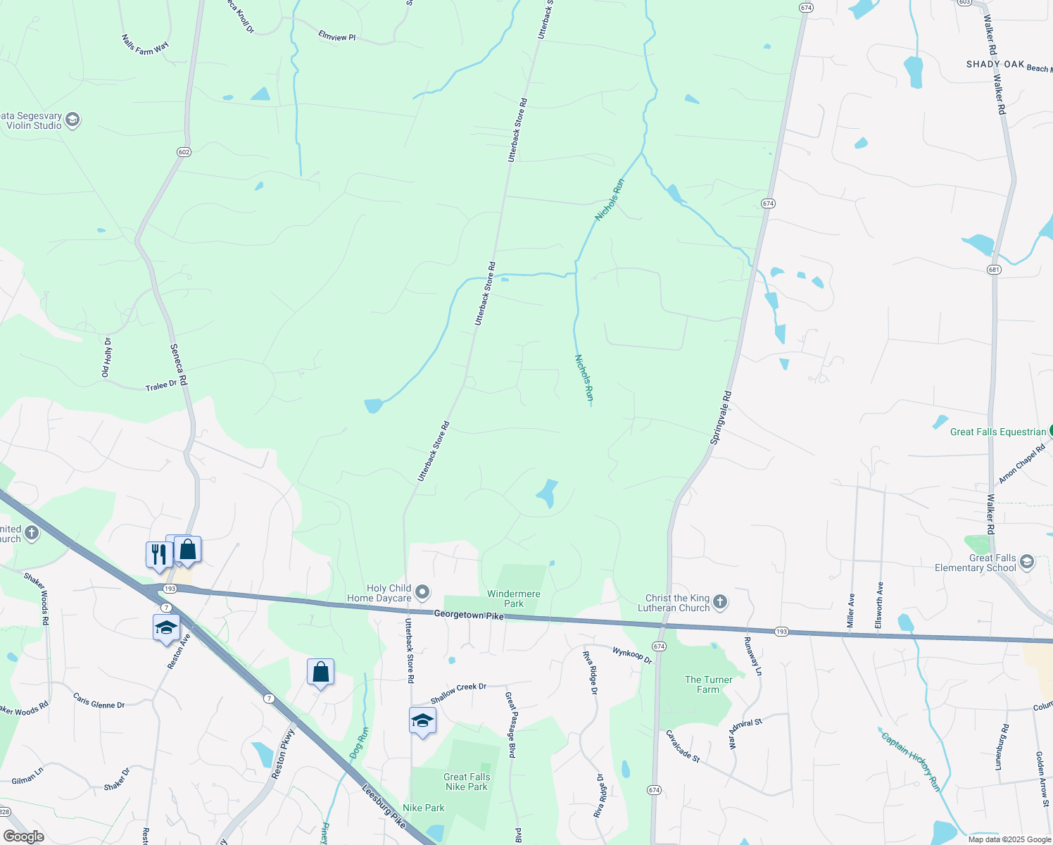 map of restaurants, bars, coffee shops, grocery stores, and more near 10918 Woodland Falls Drive in Great Falls