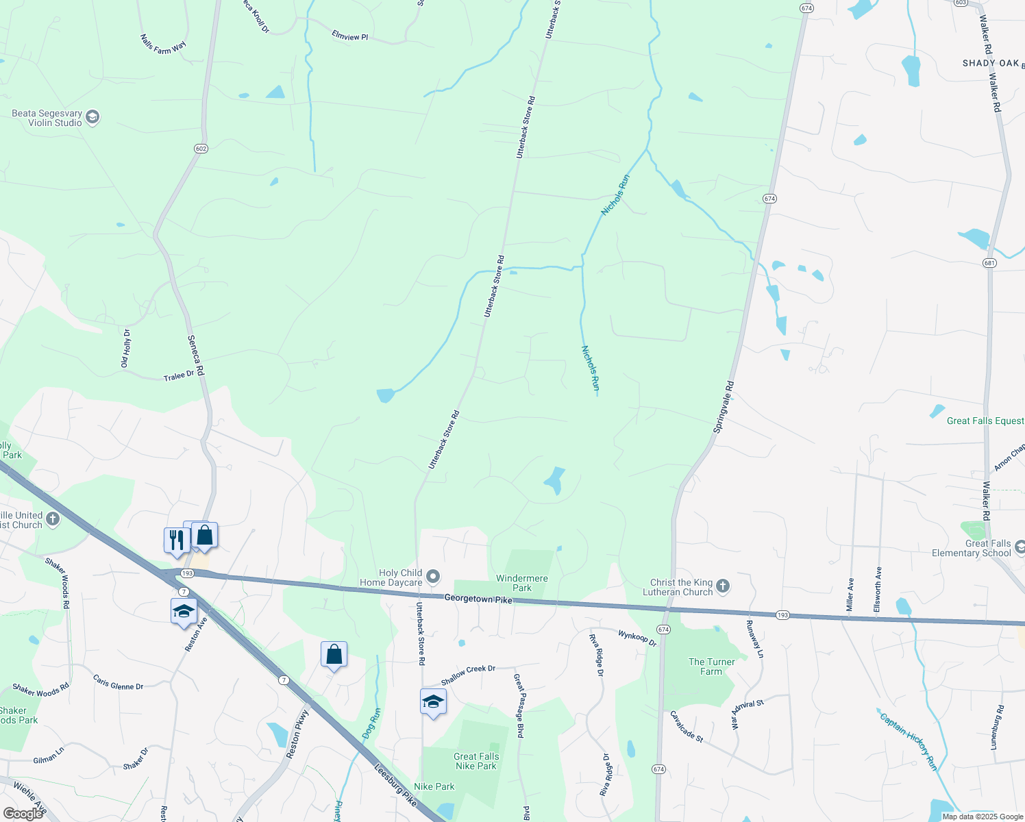 map of restaurants, bars, coffee shops, grocery stores, and more near 10928 Woodland Falls Drive in Great Falls