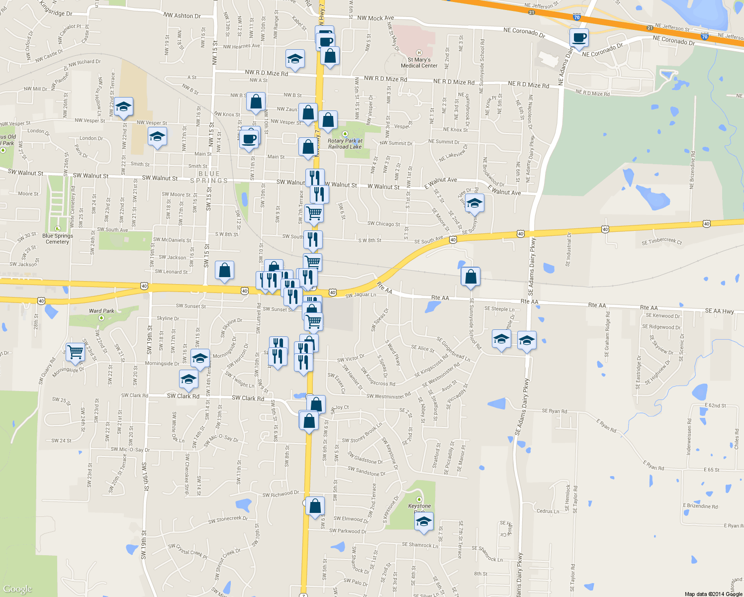 map of restaurants, bars, coffee shops, grocery stores, and more near 901 Southwest Windsor Court in Blue Springs