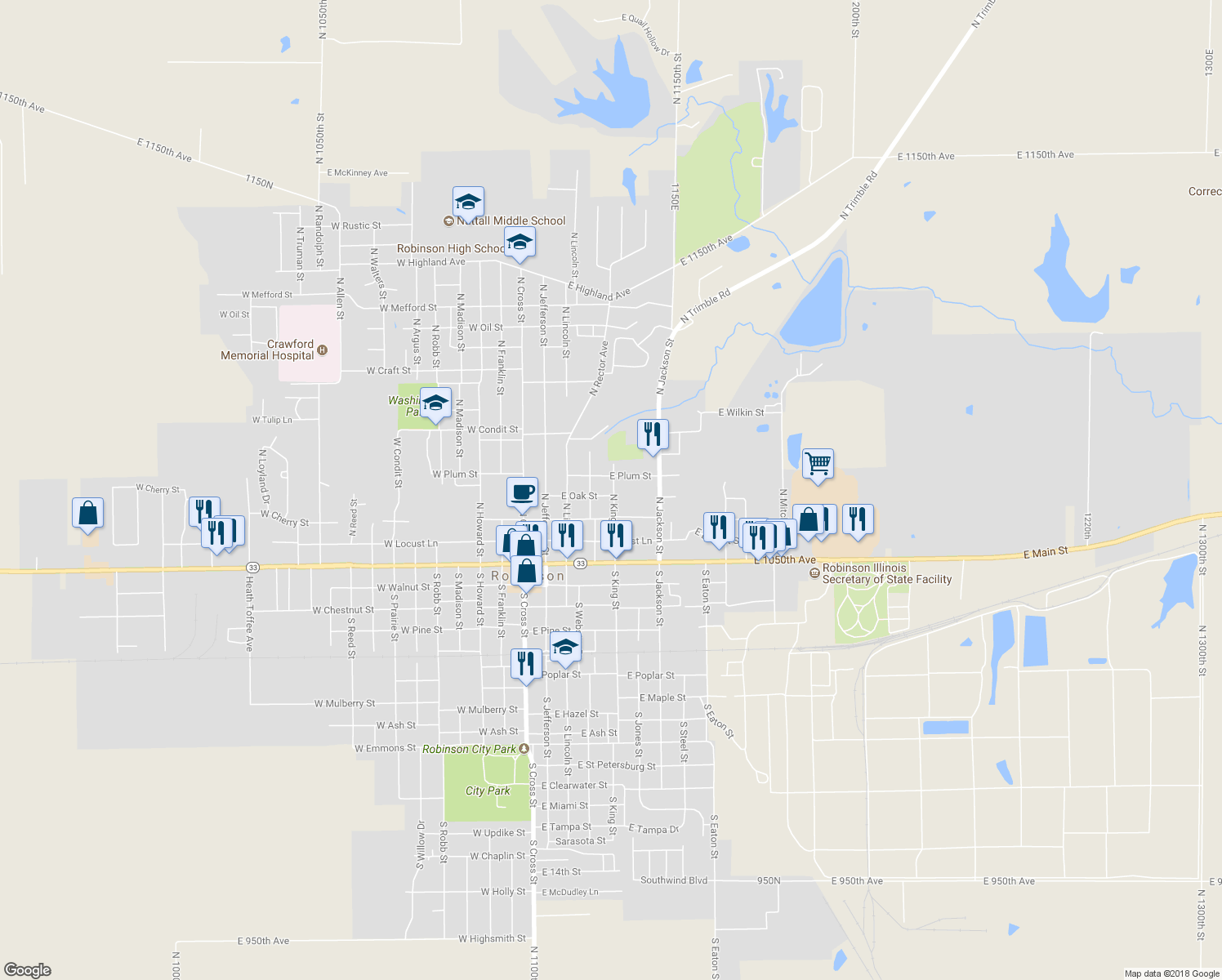 map of restaurants, bars, coffee shops, grocery stores, and more near 401 North King Street in Robinson