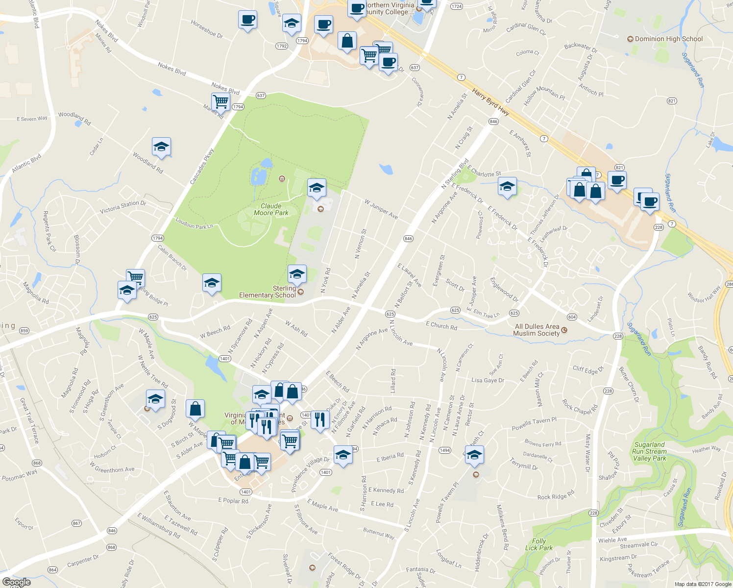 map of restaurants, bars, coffee shops, grocery stores, and more near 703 North Sterling Boulevard in Sterling