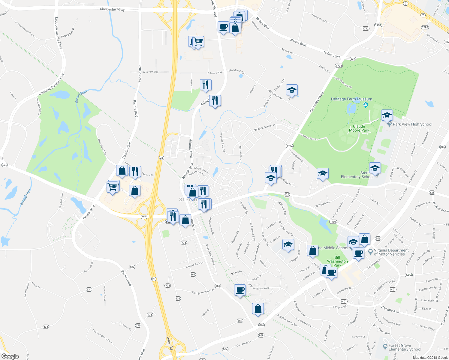 map of restaurants, bars, coffee shops, grocery stores, and more near 21940 Golden Spike Terrace in Sterling