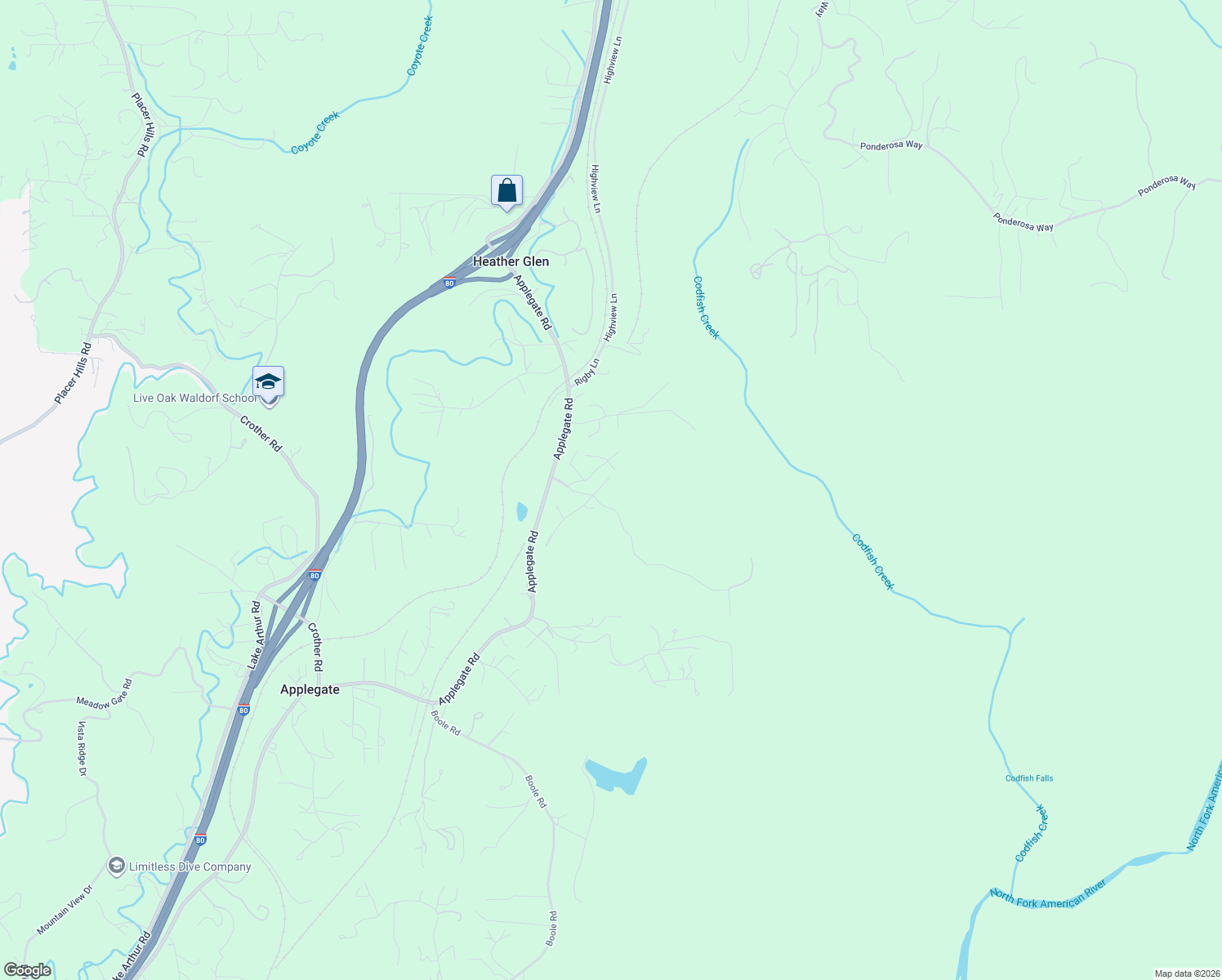 map of restaurants, bars, coffee shops, grocery stores, and more near 18650 South Dunvegan Drive in Colfax