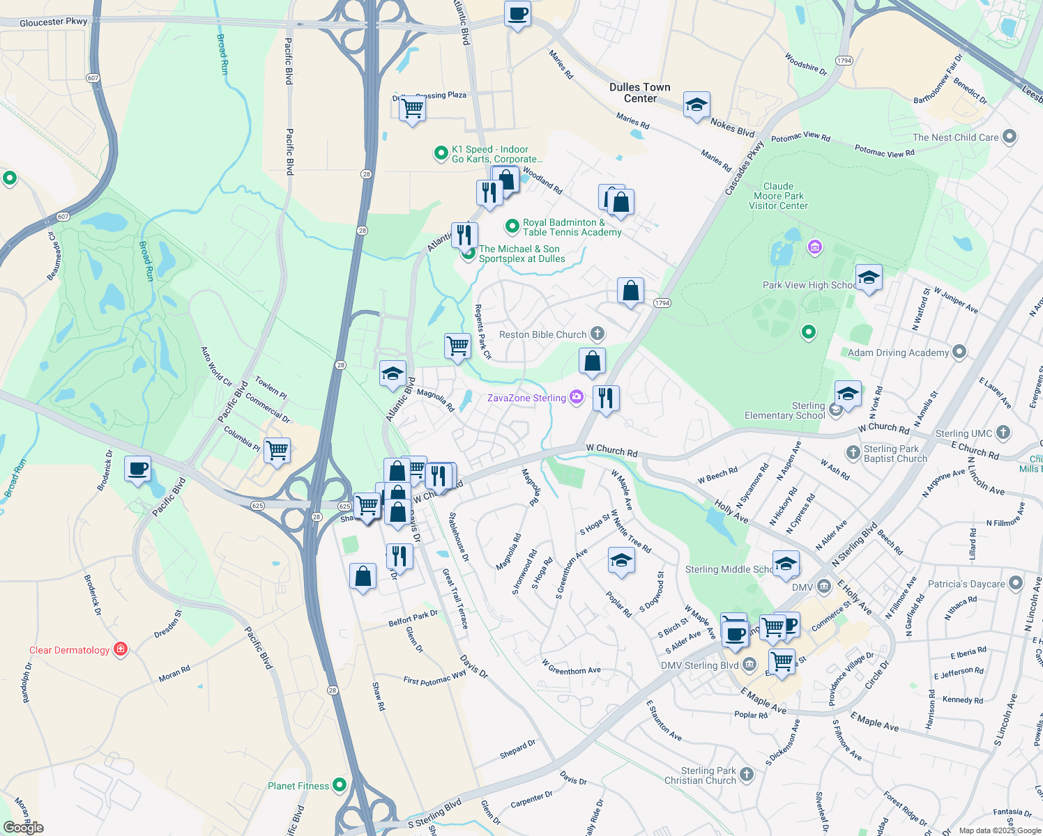 map of restaurants, bars, coffee shops, grocery stores, and more near 21980 Box Car Square in Sterling