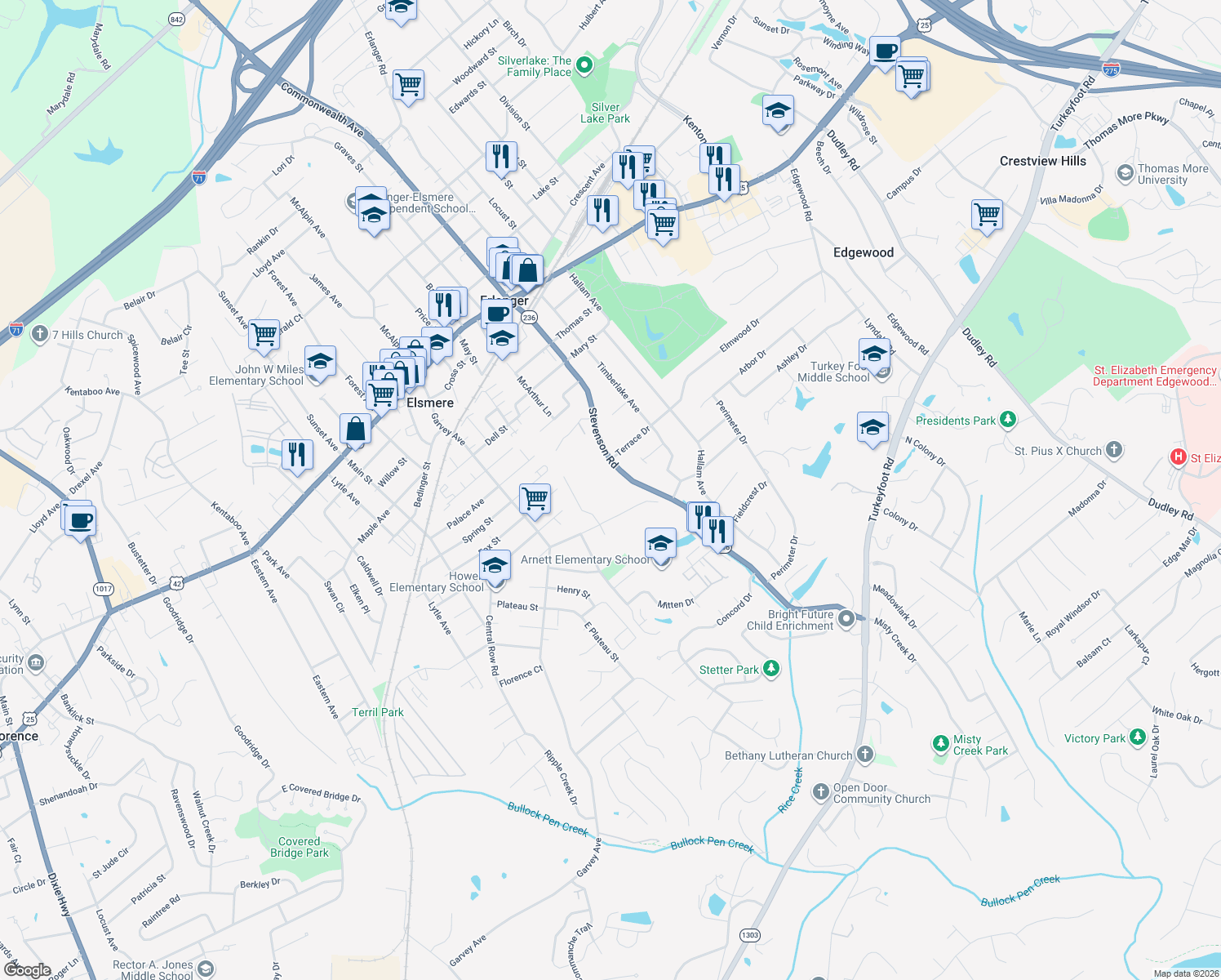 map of restaurants, bars, coffee shops, grocery stores, and more near 517 Stevenson Rd in Erlanger