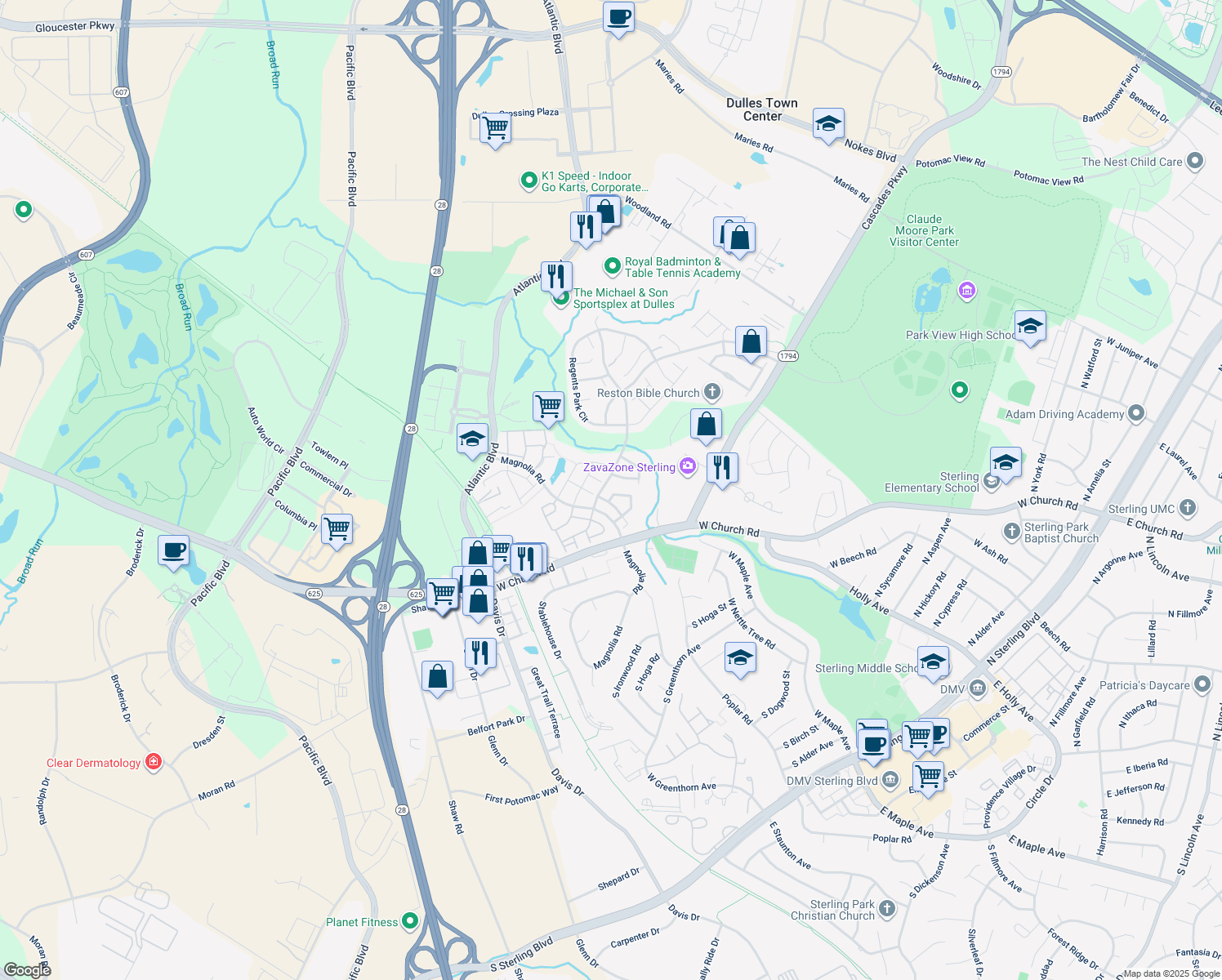 map of restaurants, bars, coffee shops, grocery stores, and more near 21962 Box Car Square in Sterling