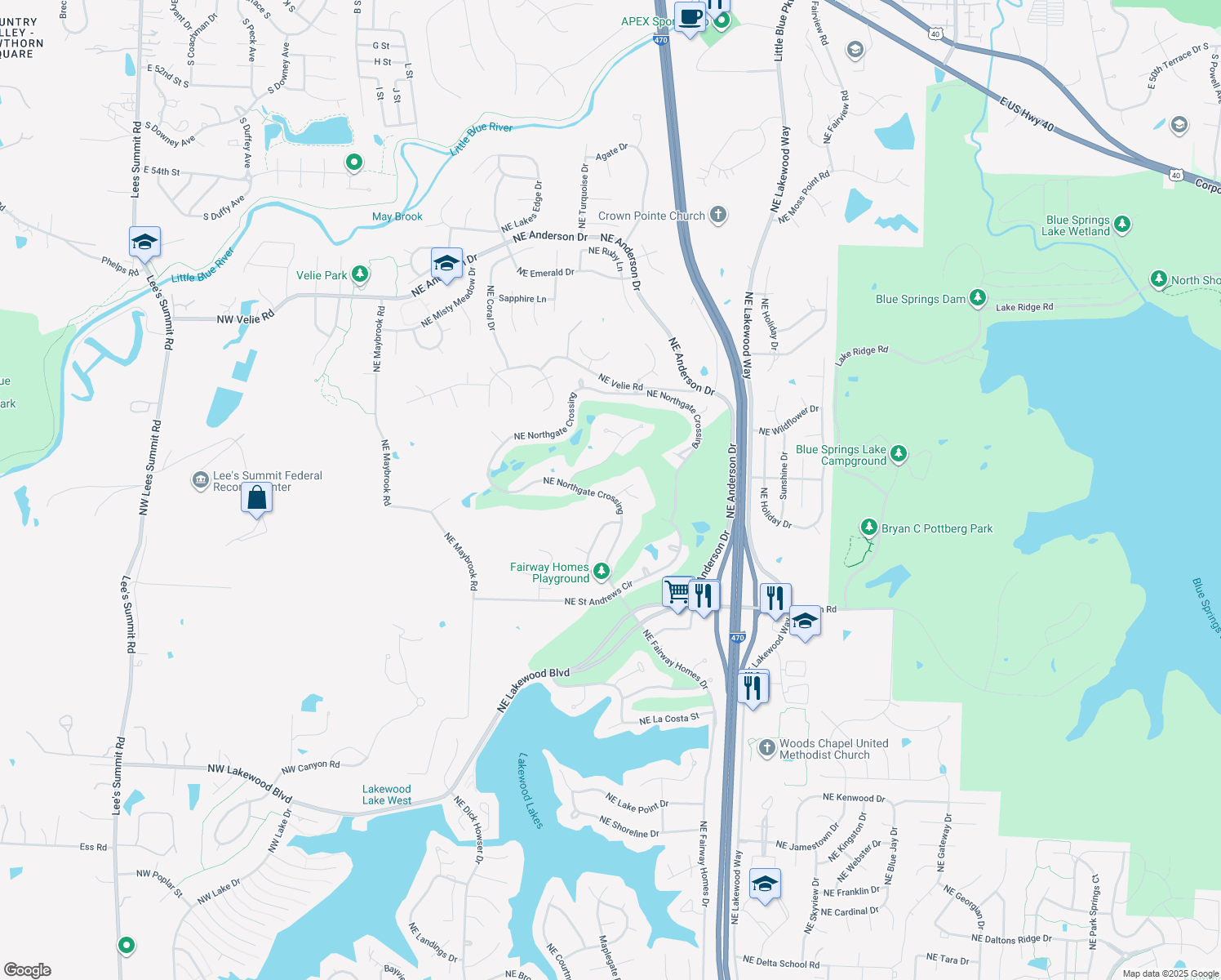 map of restaurants, bars, coffee shops, grocery stores, and more near 600 NE Persimmon Ln in Lee's Summit
