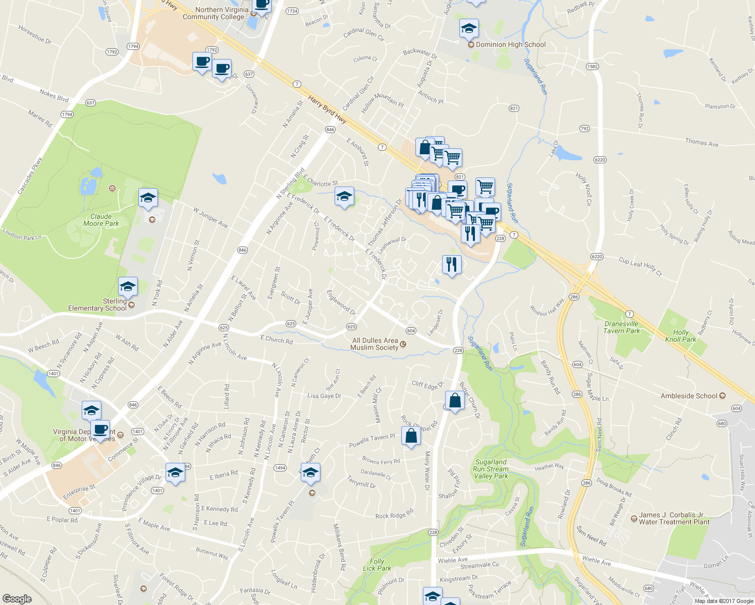 map of restaurants, bars, coffee shops, grocery stores, and more near 21921 Myrtlewood Square in Sterling