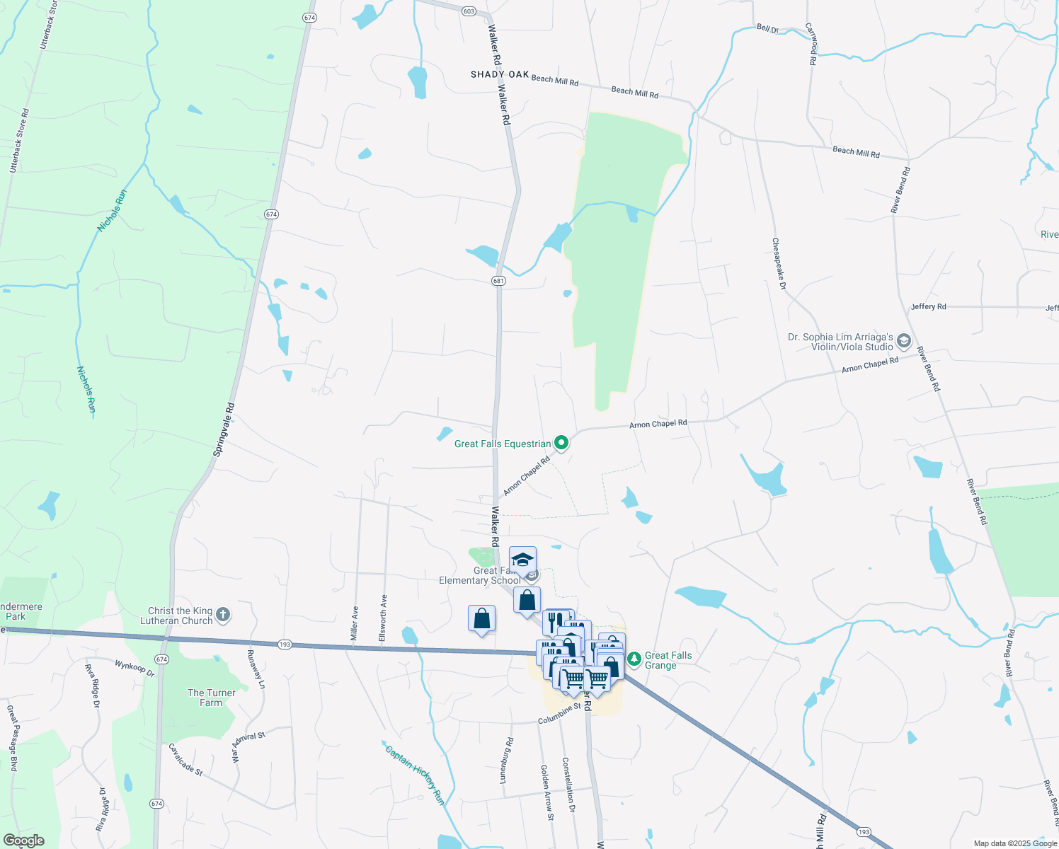 map of restaurants, bars, coffee shops, grocery stores, and more near 610 Walker Hill Lane in Great Falls