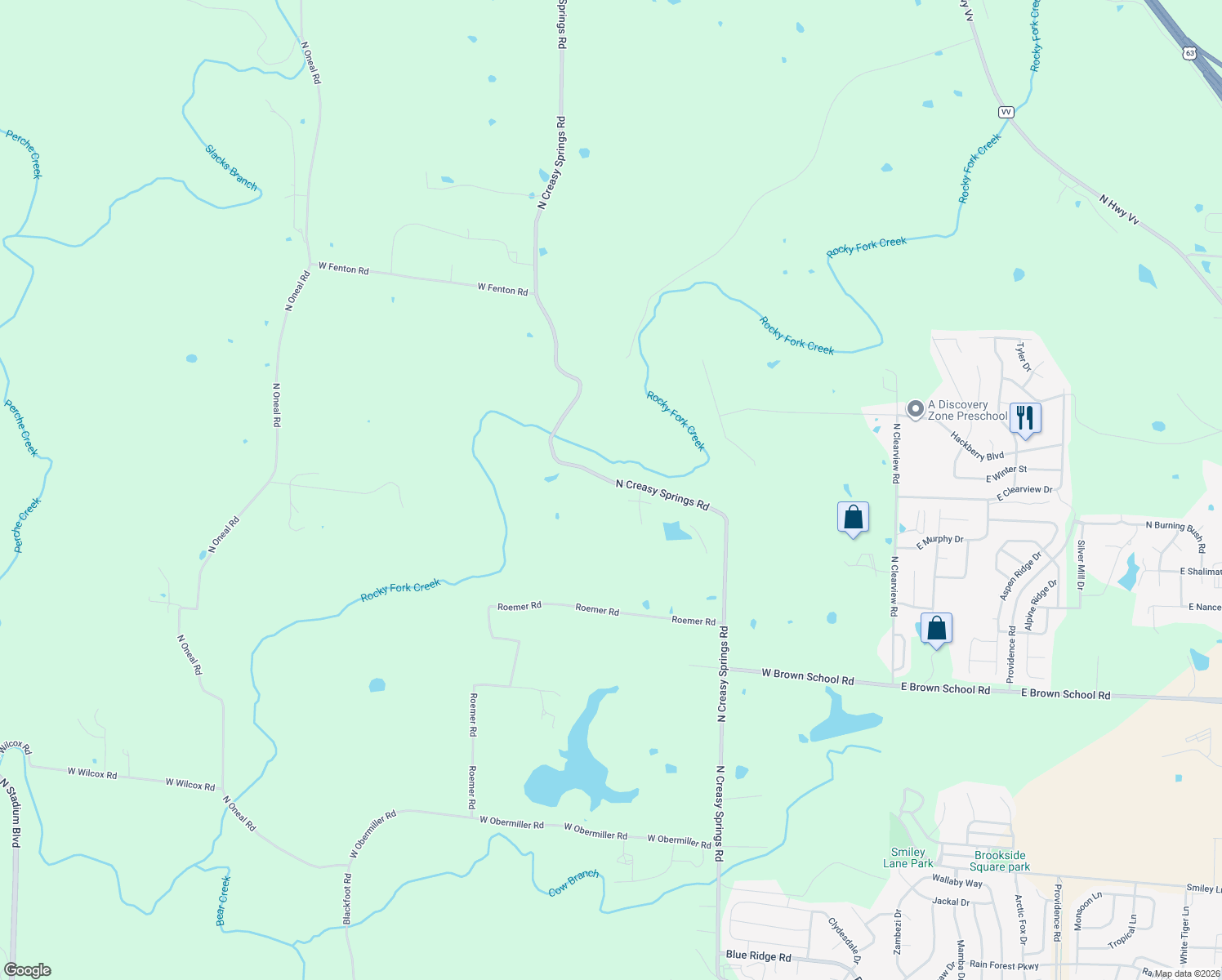 map of restaurants, bars, coffee shops, grocery stores, and more near 5161 North Creasy Springs Road in Columbia